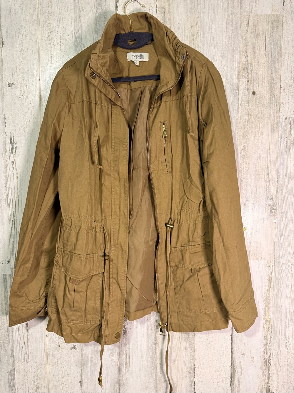 Charlotte Russe Tan Cargo Utility Jacket Sz S Cotton Hooded Anorak Coat
